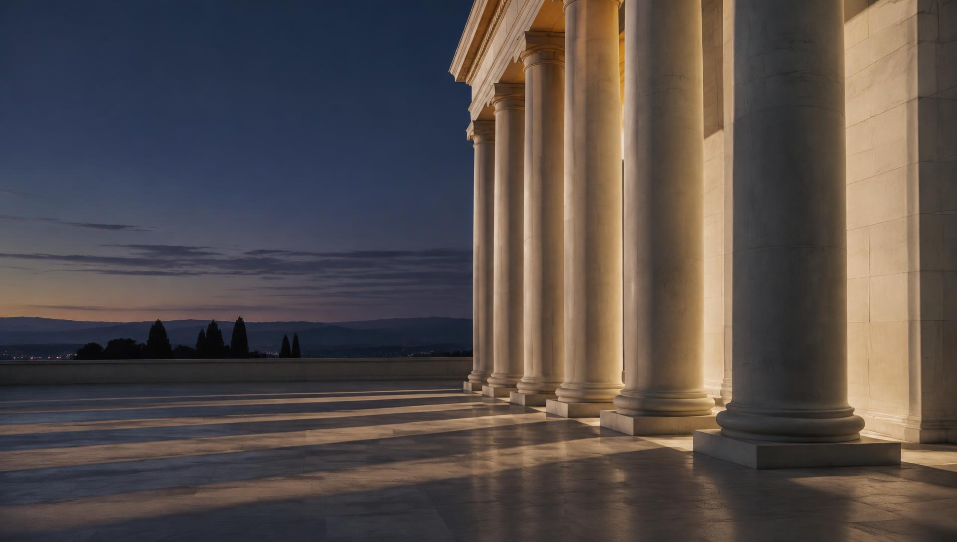 Classical colonnade at dusk